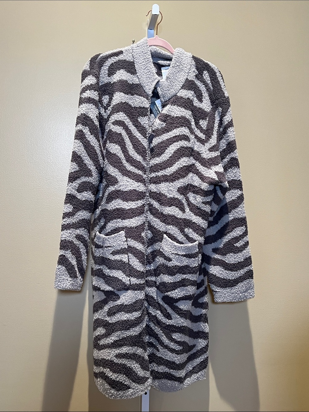 Cozy Long Zebra-Pattern Teddy Jacket — Gray & Cream
